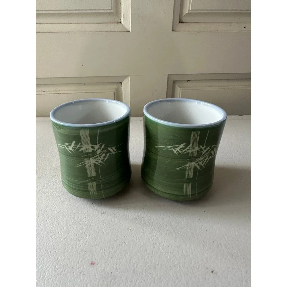 2 Vintage Kafuh Japan Traditional Japanese Bamboo Motif Yunomi Tea Cups